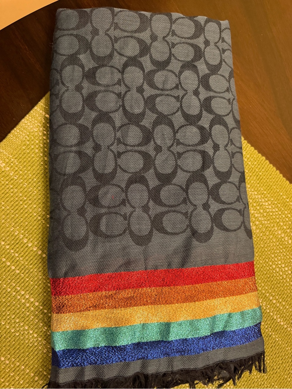 Coach Gray Signature Jacquard Scarf with Rainbow Stripe Hem